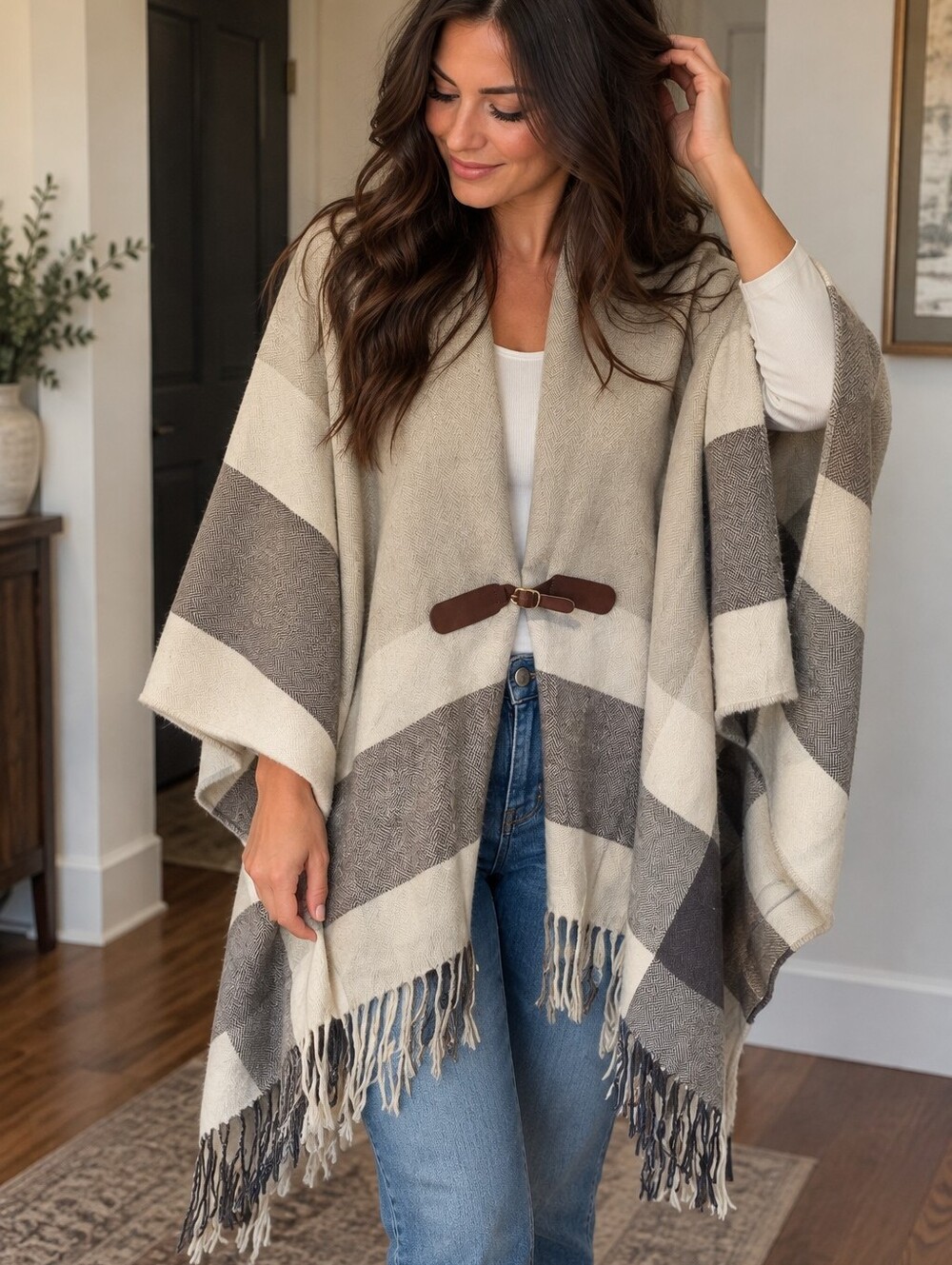 Revamped Gray and Cream Fringed Cape with Toggle